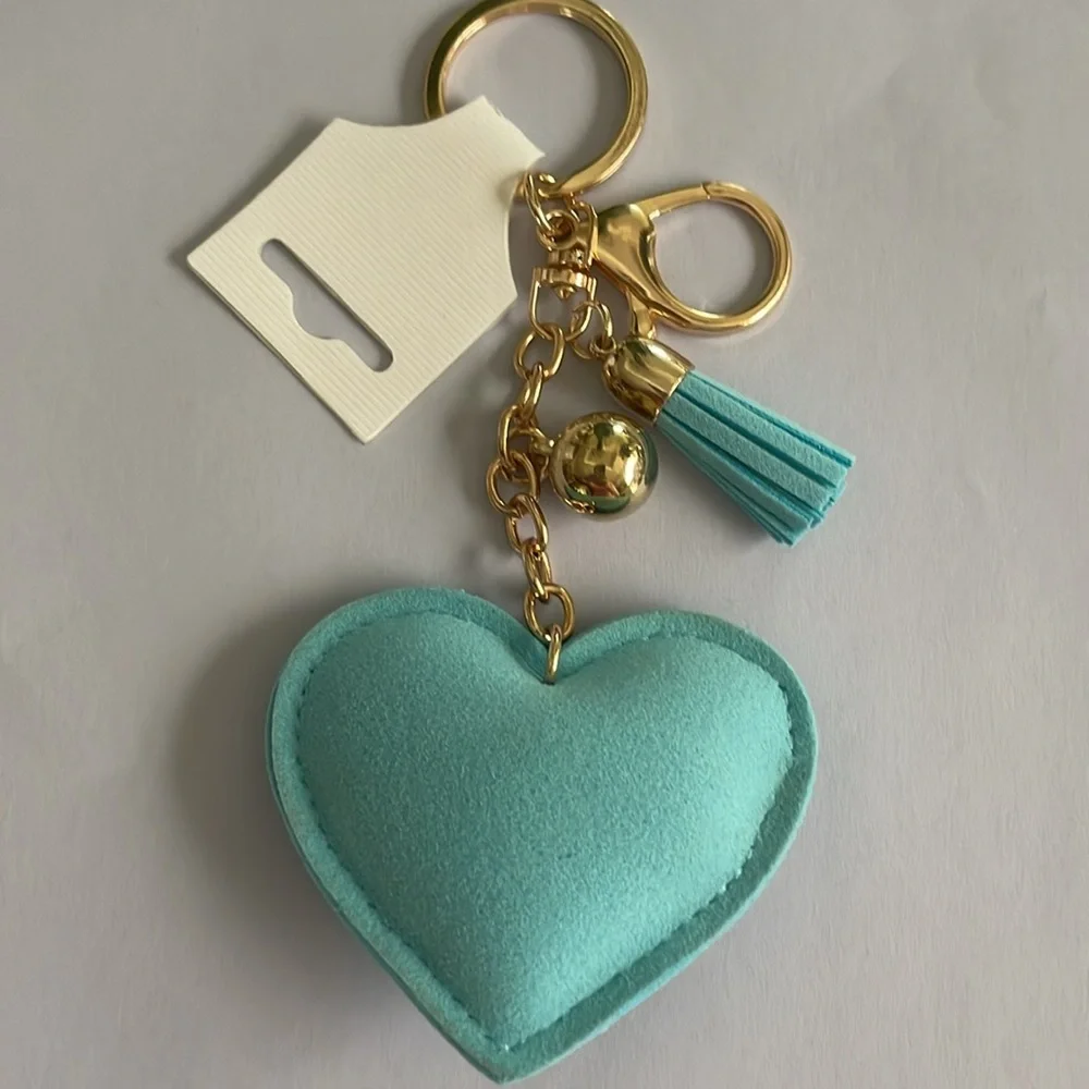Blue Heart Rhinestone Keychain-Purse Charm Gold Ball-Blue Tassel New